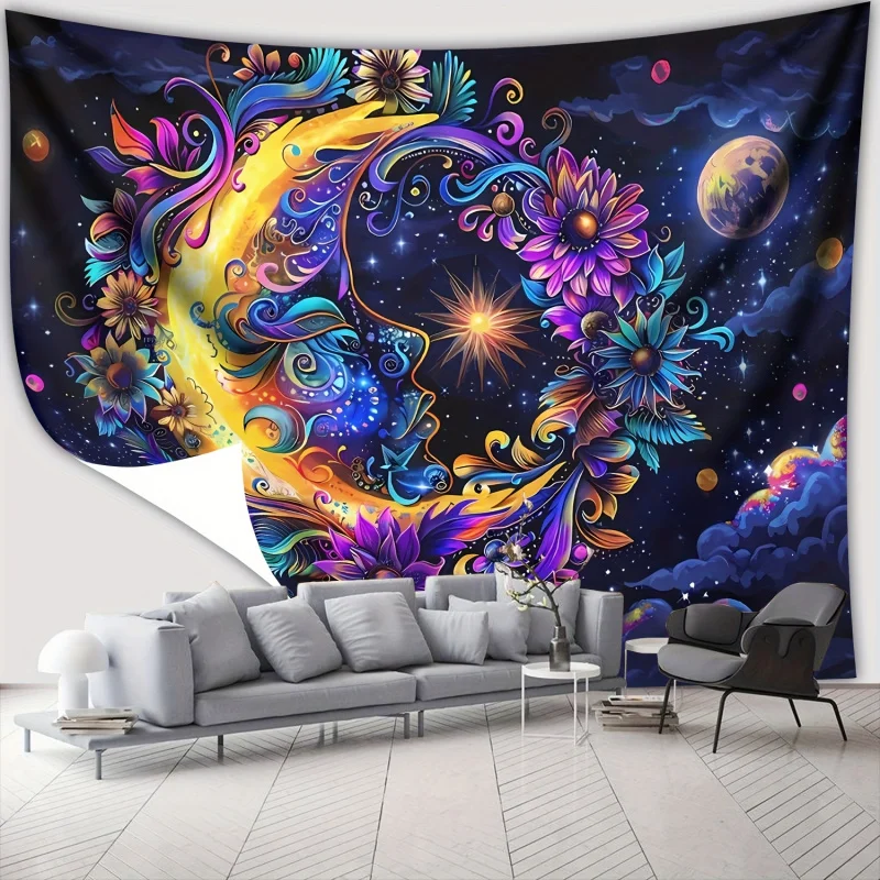 VIKAMA Fantasy Moon Face Floral Tapestry - Boho Wall Hanging For Bedroom, Sofa,  Yoga Studio. Starry Night Aesthetic Decor