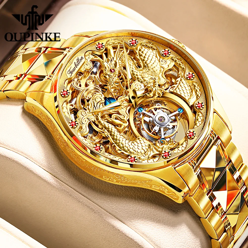 OUPINKE 3176 Mechanical Men Watch 3D Golden Dragon Top Luxury Watch Ruby Tourbillon Automatic Watch Waterproof