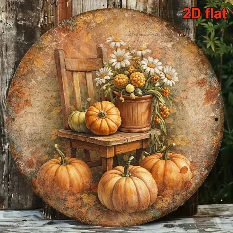 1 plaque en bois circulaire plate 2D, plaque en bois rétro sur le thème des bouquets de citrouilles d'automne, plaque décorative pour la fête de la récolte