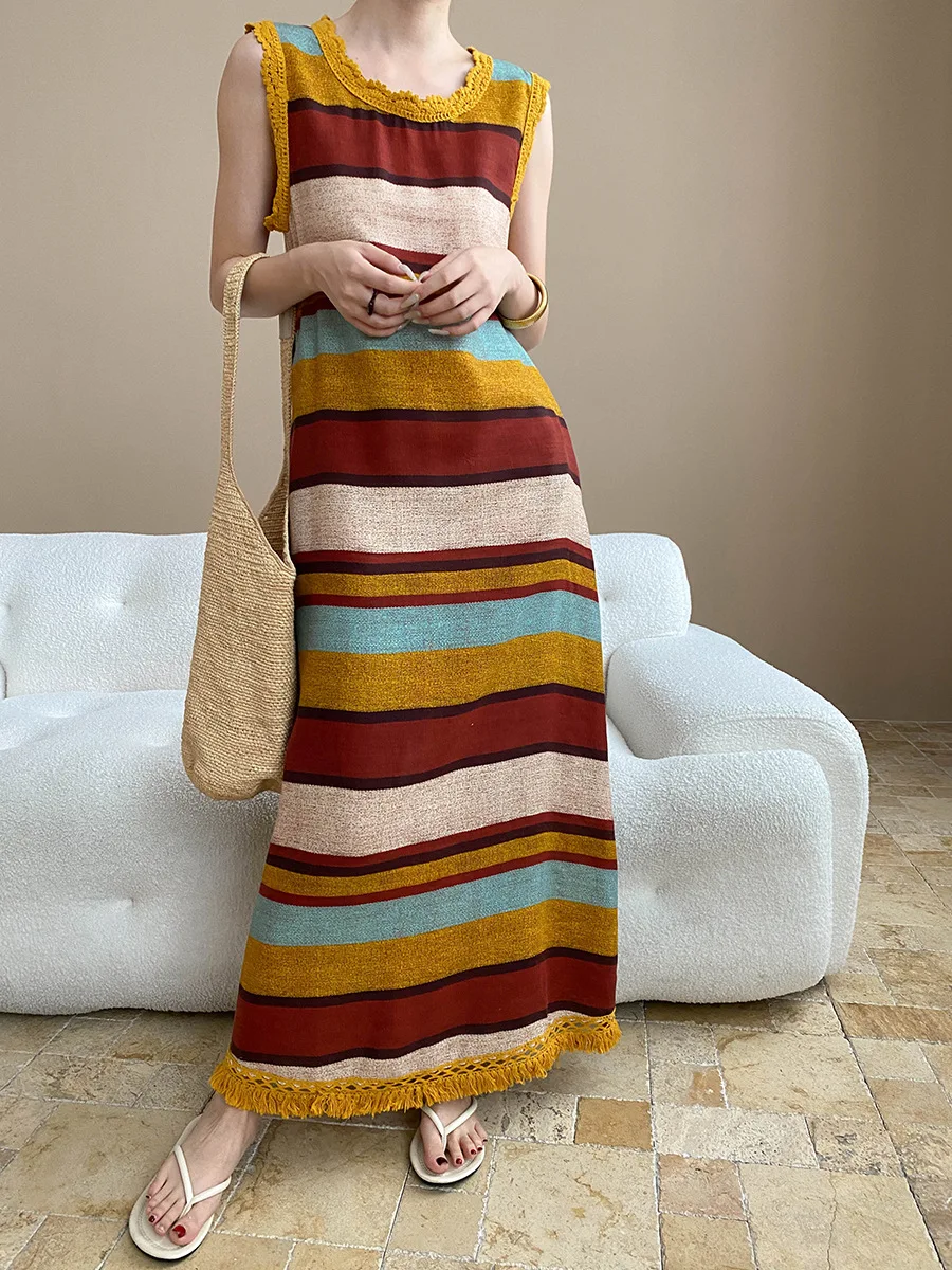 

2025 Holiday Style Fringe Long Dress Women Retro Round Neck Color Striped Sleeveless Vest Dresses Summer Casual Beach Dress
