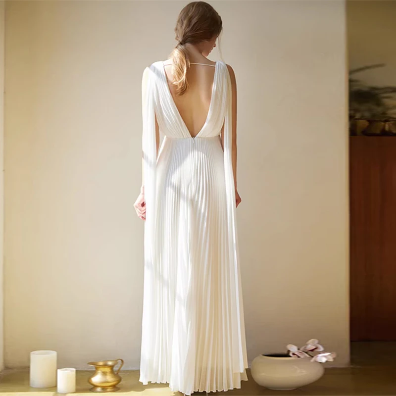 Elegant V-neck Wedding Dress for Women A-line Chiffon Pleated Backless Bridesmaid Dresses Formal Evening Dress Customized 2025