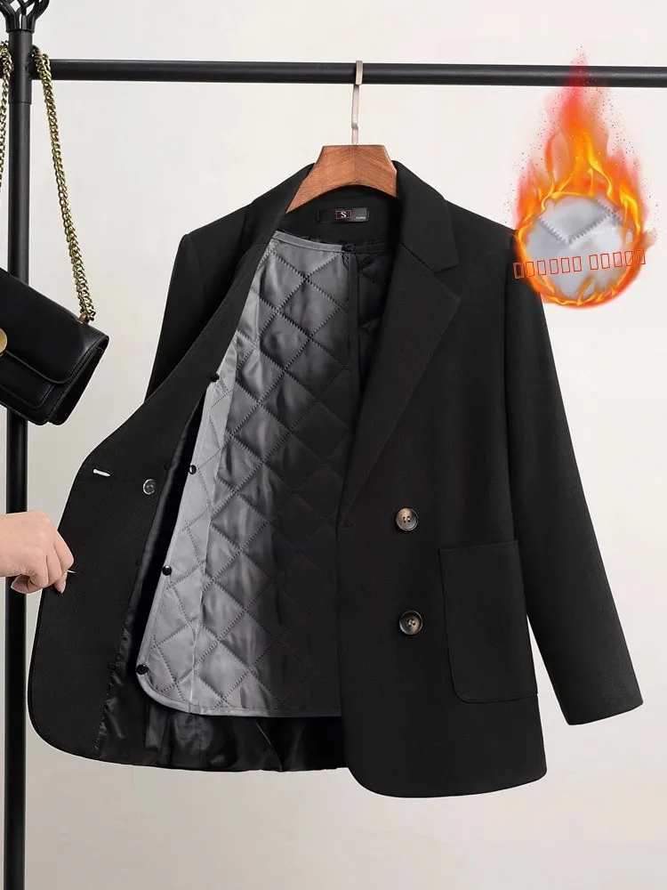 

Bla Woolen Suit Jaet Women's Autumn Winter Thiened Cotton Inter Faionable Commute Sle Long Sve Double Brea...