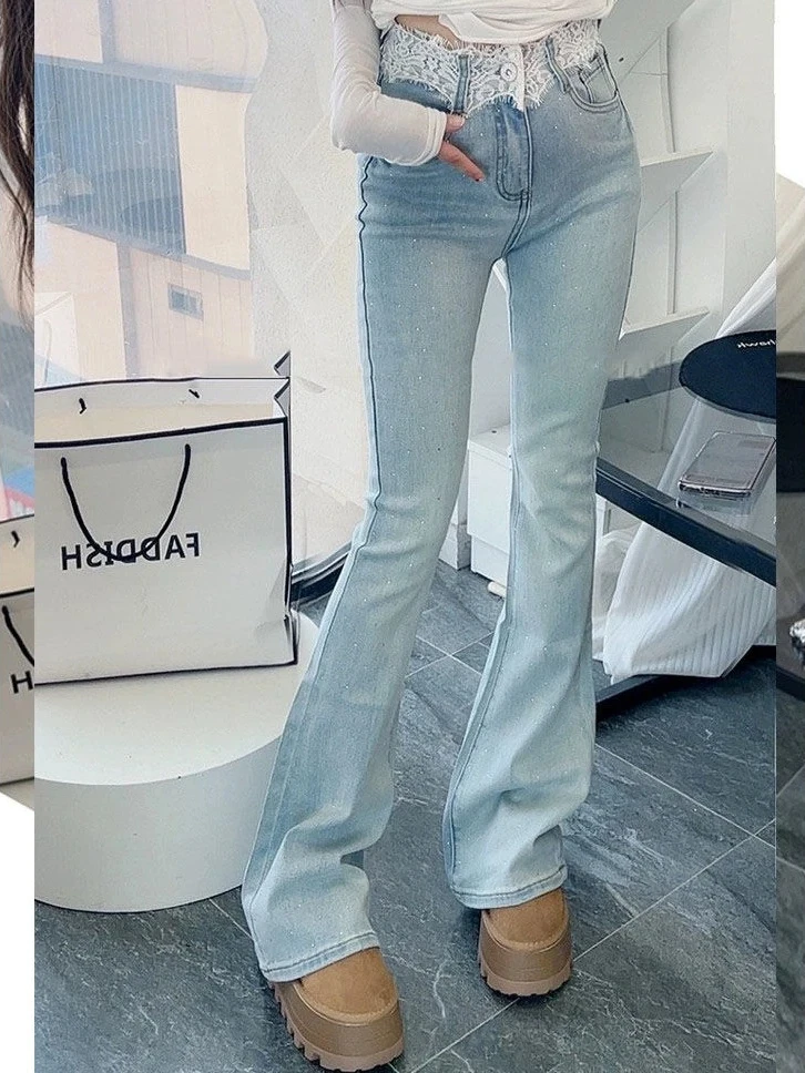 

Джинсы-колокольчики с высокой талией и кружевной детализацией, облегающие джинсы для более высоких женщин, весна-лето, новый дизайн, длинные брюки Sensation