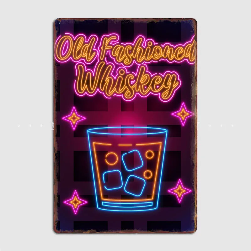 Old fashioned Whiskey Foods And Drinks Neon Signs Metal Sign Pub Vintage Home Printing Wall Decor Tin Posters Room Decor