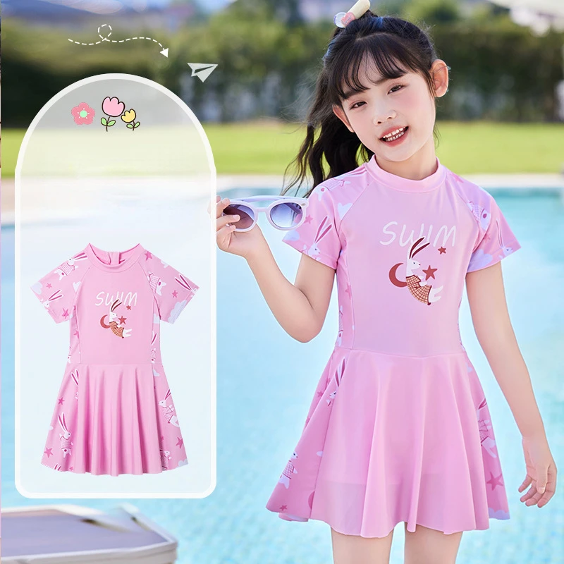 Korean Fashion Printed Swimsuit for Children, Cartoon Bunny Swimsuit, Teen Vacation Hot Spring Swimwear, One Piece Swim Dress