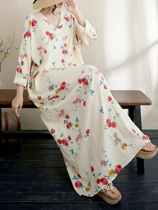 

New Cotton Linen Long Sve Dr V Ne Loose Slimming Robe Beach Vaion Sle Long Skirt a Line Midi Dr Floral Print