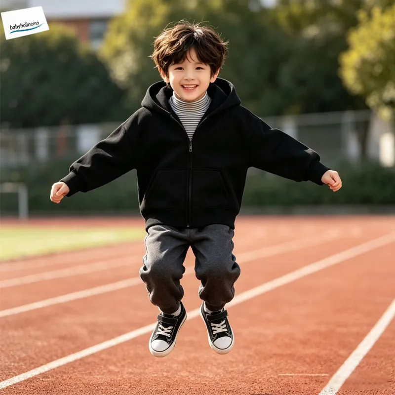 Kids Zip Up Hoodie Solid Color Soft Fleece Long Sleeve Jacket With Kangaroo Pocket Casual Boys Girls Basic Outerwear
