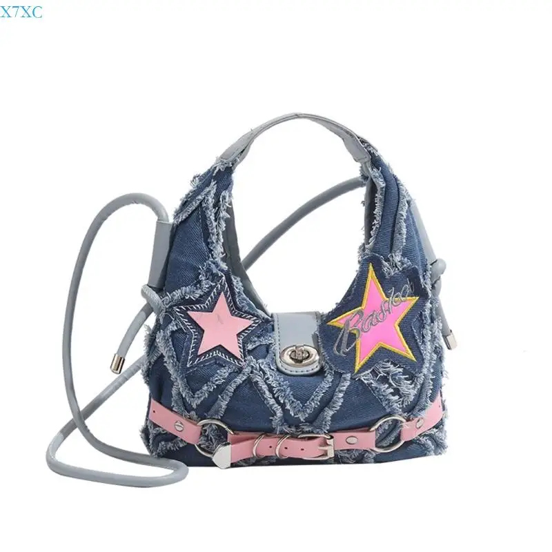

X7XC Women Denims Bag Stylish Handbag Shoulder Bag Five-Pointed Star Crossbody Bag
