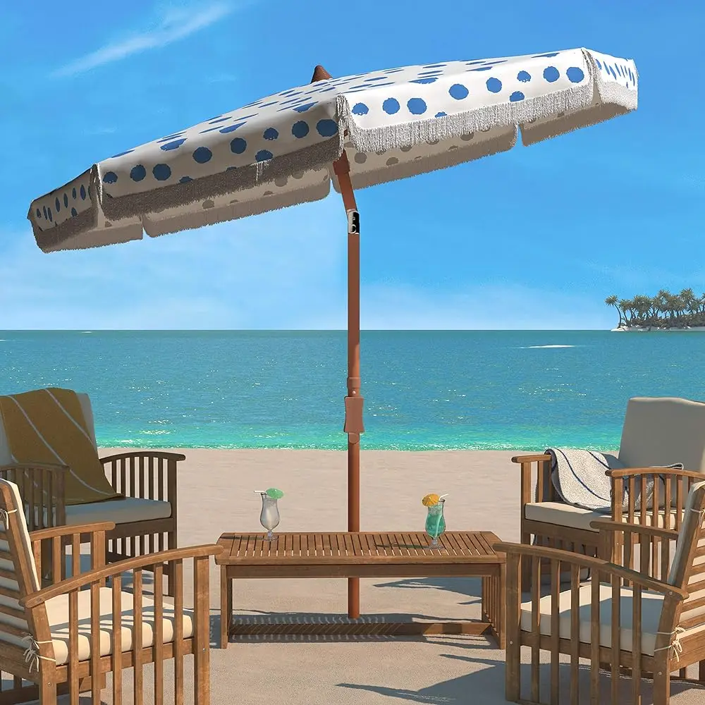 

Outdoor Collection Sydney White And Light Blue Polka Dot 6.5-Foot Fringe Tilt Beach Umbrella