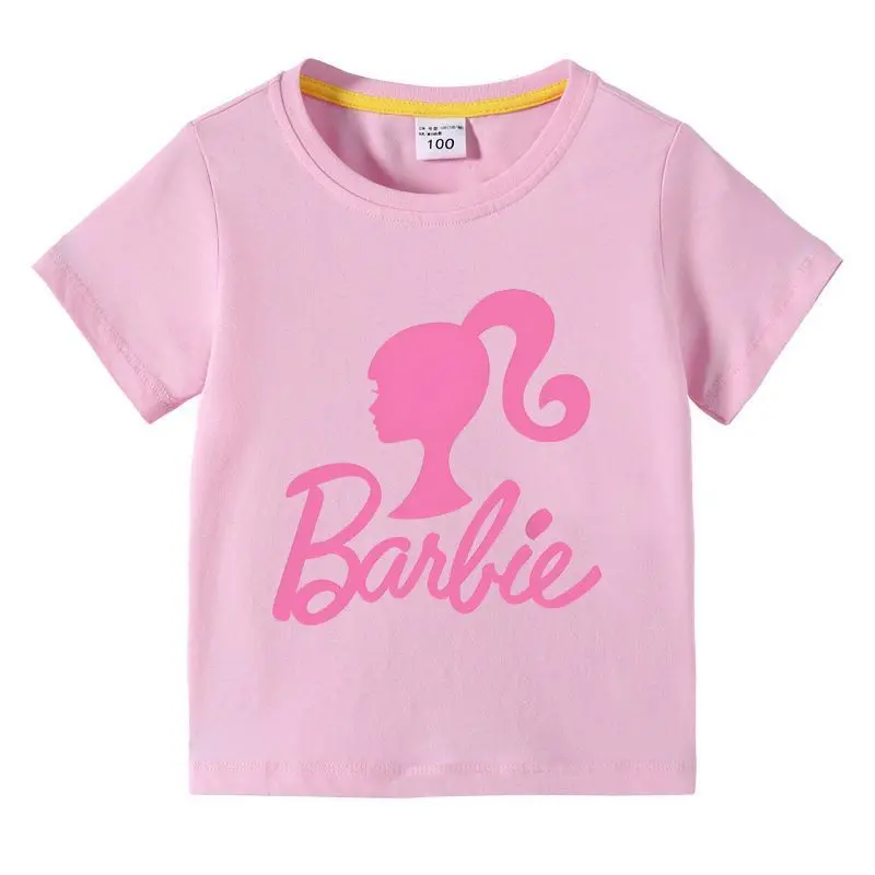 T-Shirt à Manches Courtes et Col Rond pour Garçon et Fille, Vêtement Estival, Kawaii, Barbie, Dessin Animé, Doux, à la Mode, de Haute Qualité, Blanc, Cadeaux en Y