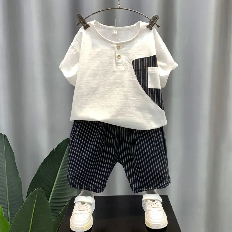 

Boy's Cool Handsome Summer Wear Suit 2022 New Baby Fried Street Striped Clothes Children's Handsome Children's Clothing