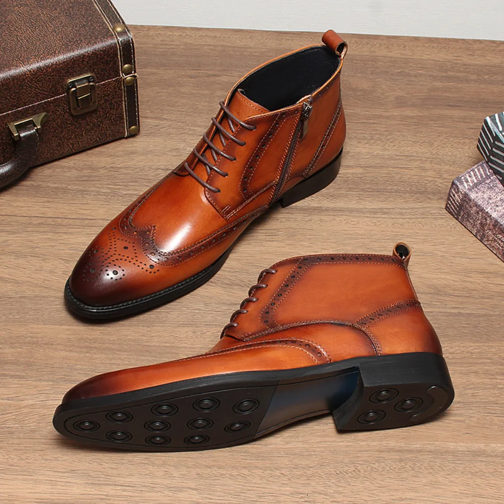 New Winter Men S British Style Mid Top Brogue Carved Cowhide Leather Boots Round Toe Zipper Fashion Casual Leather Boots