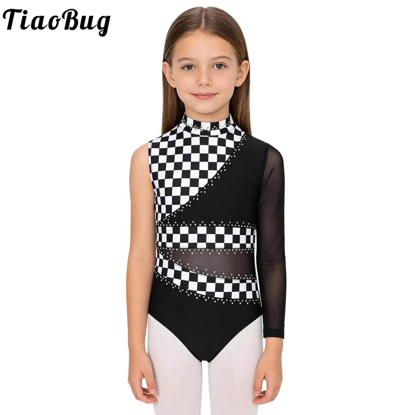 

Kids Girls Figure Skating Gymnastic Dance Leotards Jumpsuits One Sleeve Rhinestones Patchwork Mesh Unitards Competition Bodysuit