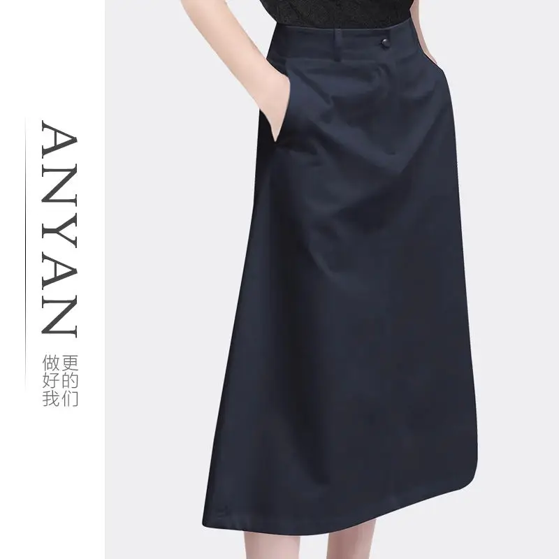 2024 Spring High Waist Women Solid Color A-line Skirt Over the Knee Large Size Office Lady Comfortable All-match Short Skirt