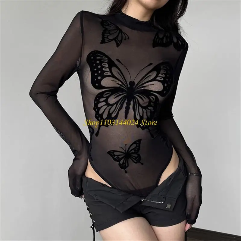 

N5KE Mock Neck Bodysuit Butterfly Pattern Fit Long Sleeve Mesh Top Party Outfit