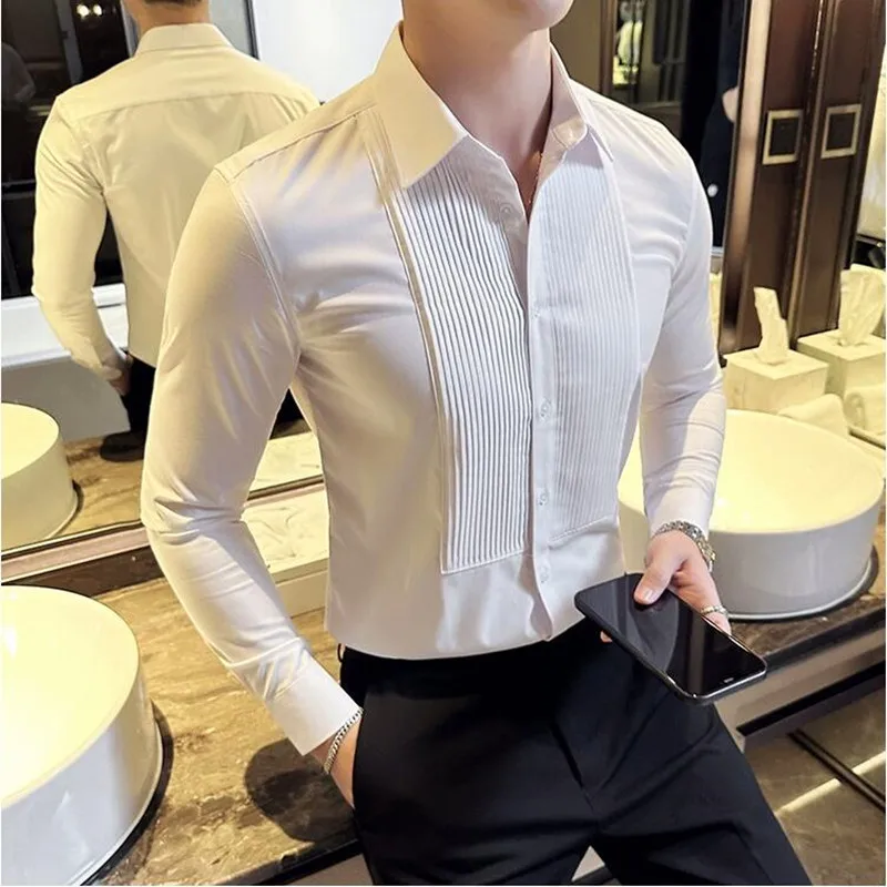 Men Fashion Pleated Design Slim Fit Shirts High Quality Long Sleeve Groom Wedding Tuxedo Formal Business Casual Social Shirt