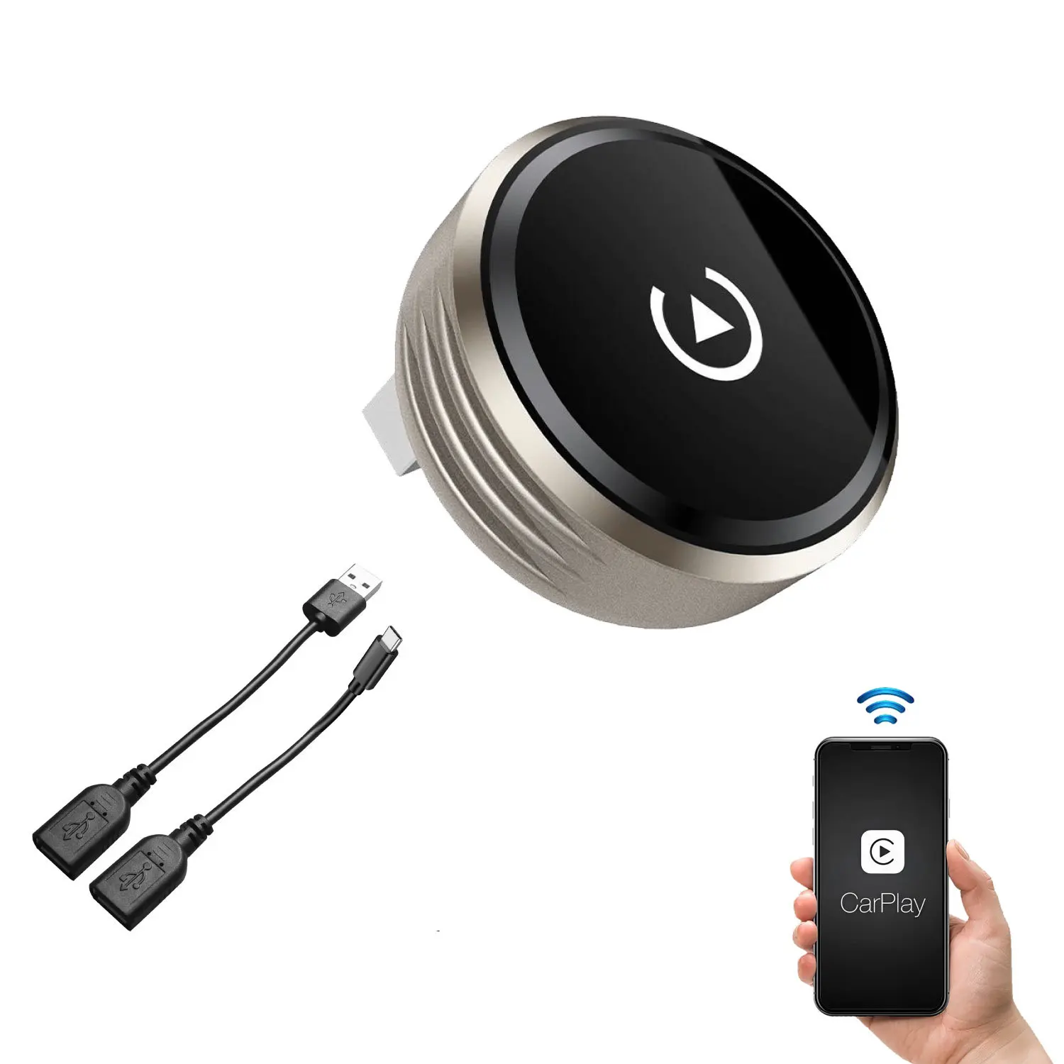 Wireless Carplay Adapter USB A Disc-shaped Dongle support Apple Carplay and Android Auto USB A to USB C Adapter Included Grey