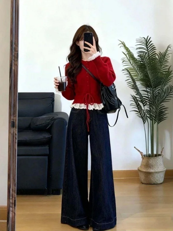 Czerwony sweter z dzianiny z koronkowymi wstawkami, damski, luźny krój, na jesień i wczesny zimę, styl koreański, długi rękaw, okrągły dekolt, top.