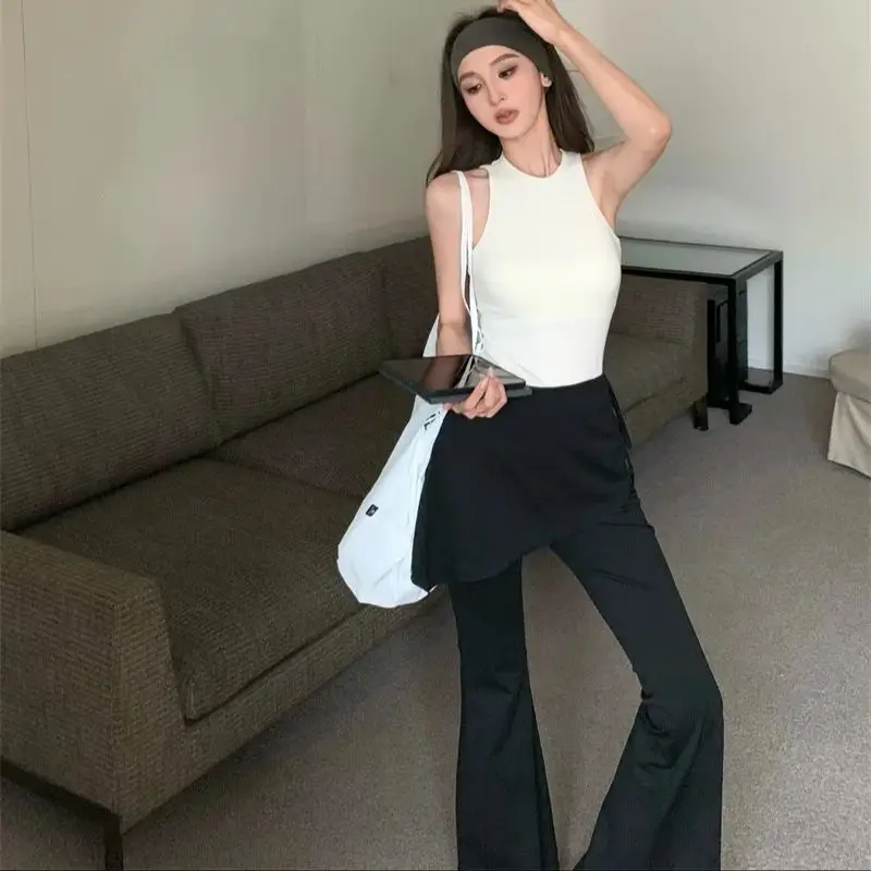 Summer American style hot girl slim fit camisole top + irregular pants set fake 2 pcs flare pants