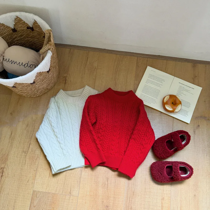 Children's Retro Sweater Autumn Winter Baby Solid Color Thick Knitted Sweater Interior Top