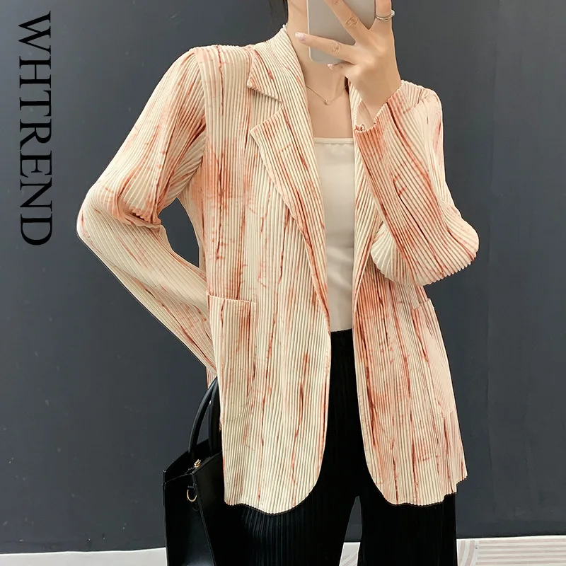 

WHTREND плиссированные пиджаки для женщин с зубчатым воротником и длинными рукавами, шикарная куртка с принтом, пальто, женская мода, новинка осени 2023, WH1735