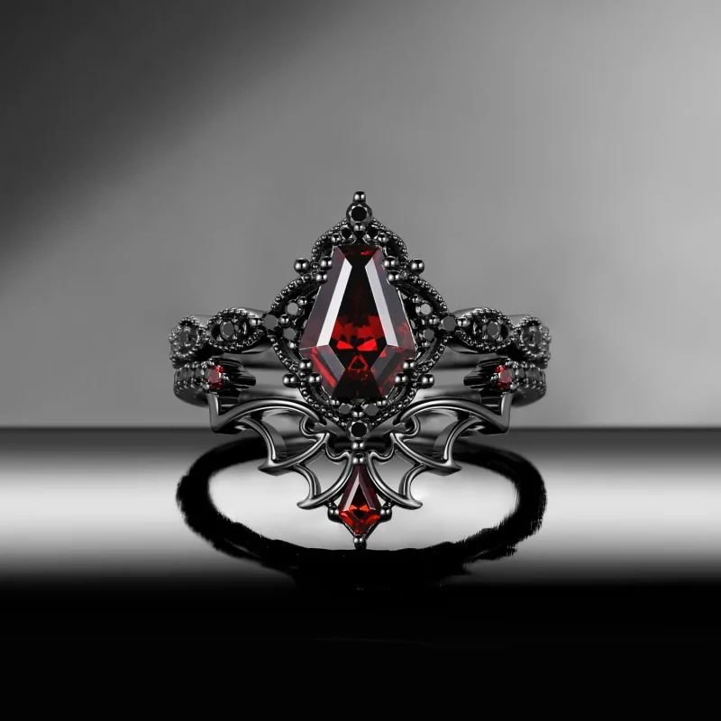 2 Stück/Set Modischer Eingelegter Roter Synthetischer Zirkonia Schwarzer Doppelschichtiger Ring Damen Gothic Täglicher Schmuck Accessoires Geschenke – Detail 1