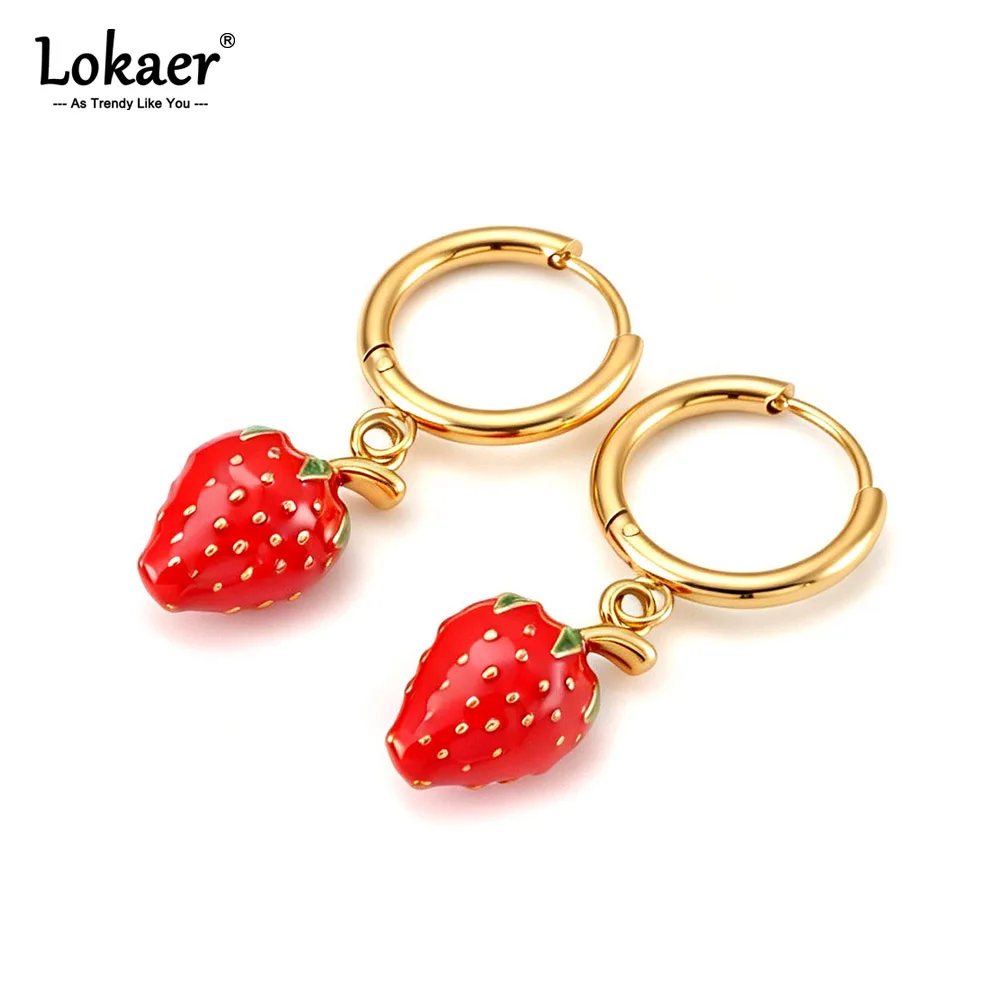 Lokaer Sweet Red Strawberry Hoop Earrings Gold Plated Stainless Steel Fruit Earrings for Women Cute Waterproof Jewelry E26125