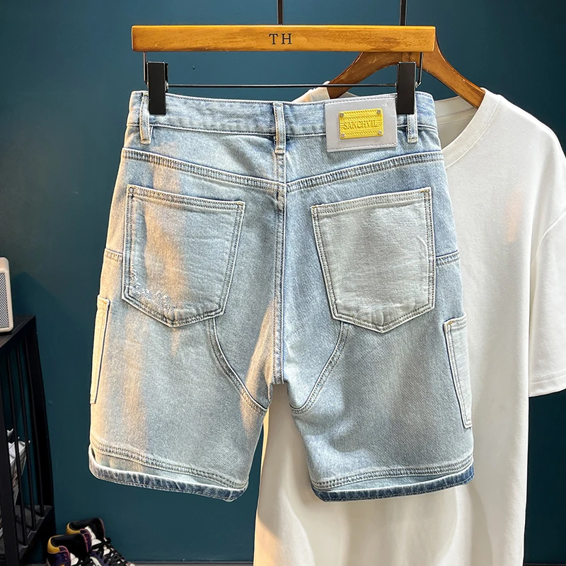 

TC3017 Men's trendy brand stretch slim-fit embroidered patchwork mid-length jeans with holes