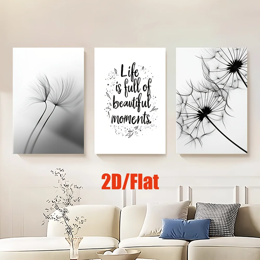 3 قطع/مجموعة، لوحة قماشية بدون إطار ثنائية الأبعاد/المسطحة، الهندباء الأبيض والأسود، لوحة مختلطة، غرفة المعيشة، ديكور المكتب، فن الحائط، السرير #1