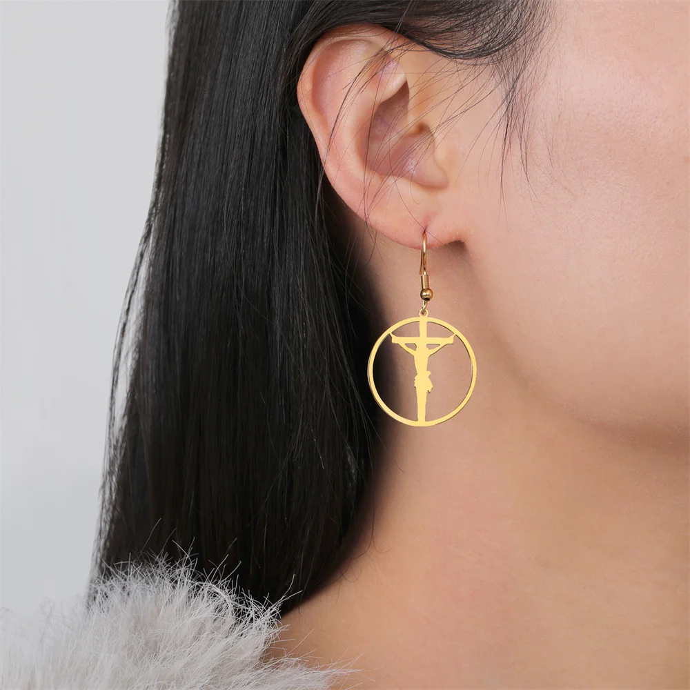 Jesus Cross Dangle Earrings Punk Pendants Christian Stainless Steel Earrings Woman Religious Protection Amulet Jewelry Wholesale