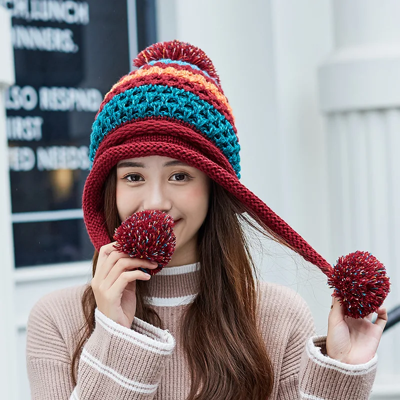 Winter Knitted Hats Women Patchwork Pompon Balls Earflap Caps Ladies Warm Thick Winter Beanies Female Beanie Hat шапка женская