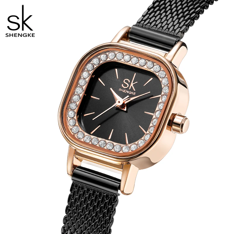 Shengke Women\'s Quartz Watches Ladies Square Elegant Wristwatches Diamond Luxury Design Female Rhinestone Gifts Fashion Clock