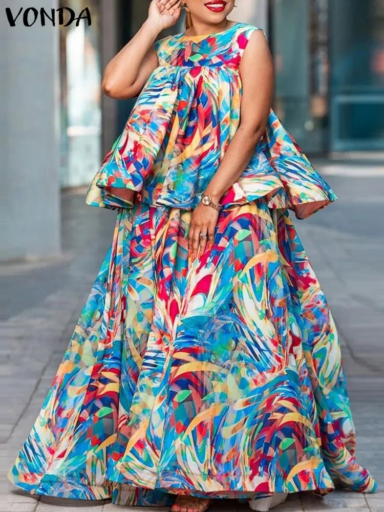 

VONDA 2025 Summer Printing Women Bohemian Dress Sets Sleeveless Tops and Maxi Skirt Casual Sets 2PCS Loose Sets Oversized Robe