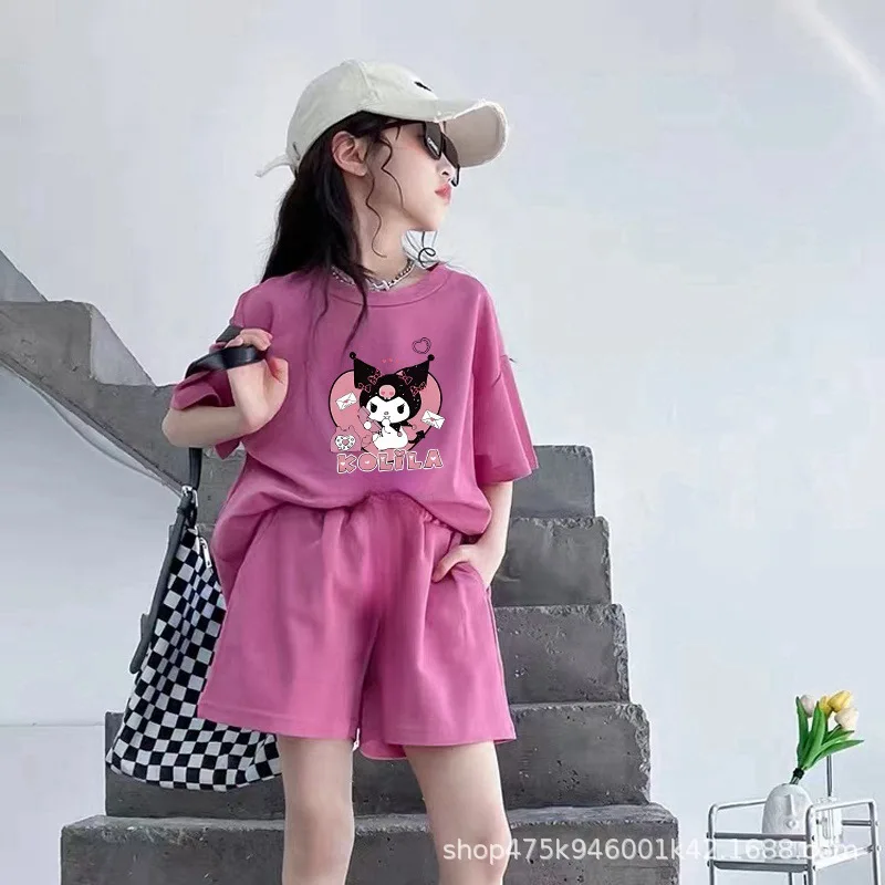 Traje de moda de Anime Kuromi para niños, camiseta de verano, pantalones cortos, conjunto informal de dos piezas, estampado de dibujos animados, Manga corta suelta, cómodo