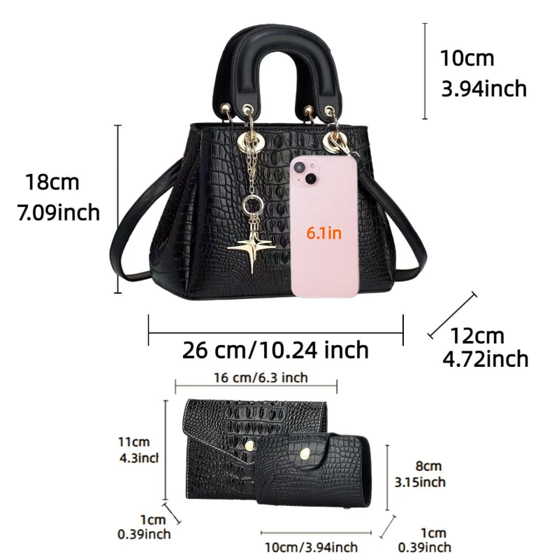 3-piece women's bag set, compact and lightweight crocodile-embossed square handbag, stylish versatile shoulder