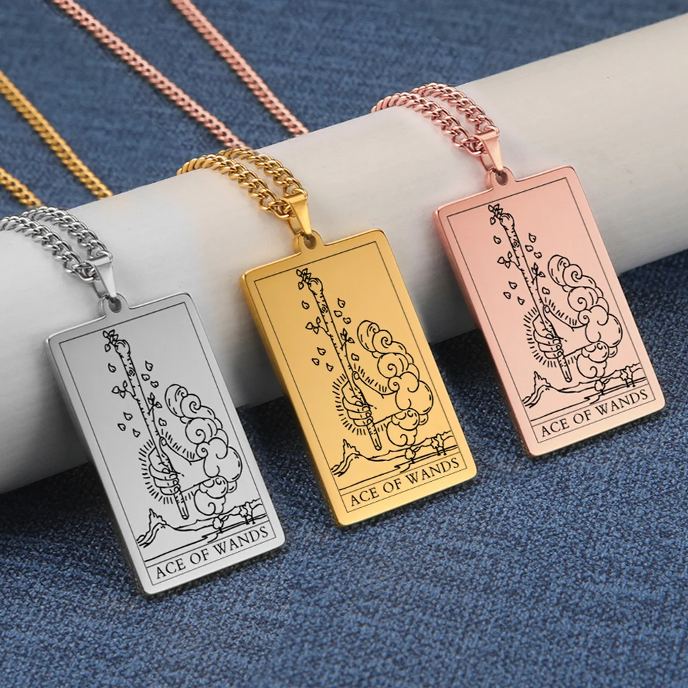 Dawapara Wands Tarot Card Vintage Amulet Pendant Necklace Link Chain Talisman Necklaces Stainless Steel Jewelry Golden Black