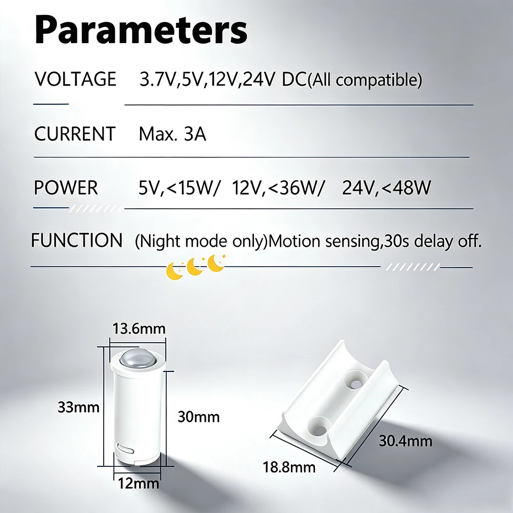 3-5M Sensing Distance Motion Sensor Switch Night Mode Only 30 Seconds Delay Off 5V/12V/24V Wide Voltage LED Automatic Controller