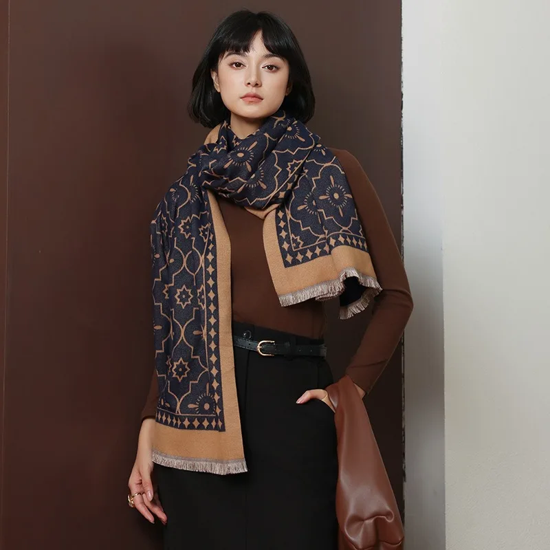 

Autumn new simple versatile large shawl women's faux cashmere jacquard scarf high-end warm cold-proof neck wrap wholesale