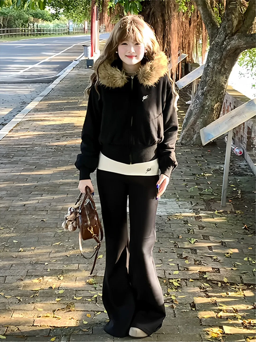 

plus Size Women's Casual Hoodie Jacket with Big Fur Collar And High Waist Flared Pants Set Comfortable Fashion for plus Size