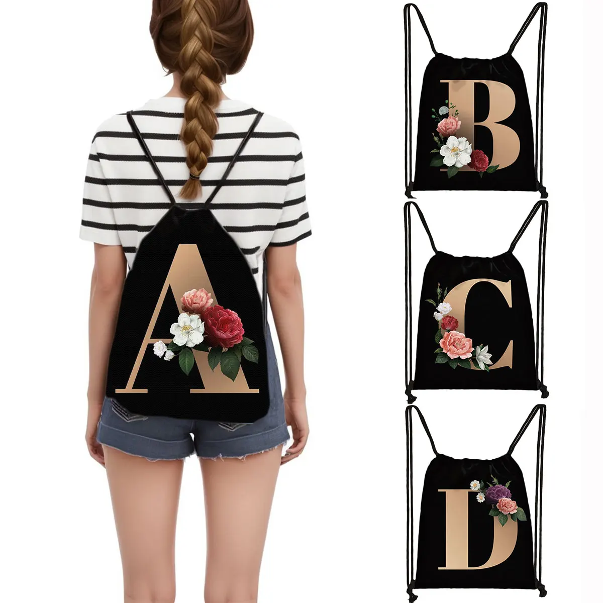 26 Initials Flower Print Backpack A-Z Letter Drawstring Bags Daypack Storage Shoes Holder Bag Daypack Bookbags Bridesmaid Gift