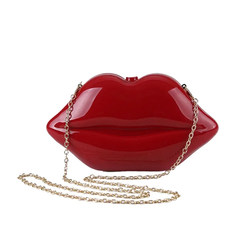 

Personality Red Lip Shape Bag Fashion Ladies Fashionable Clutch Purse Acrylic Crossbody Cellphone Bags Shoulder Chain Handbag
