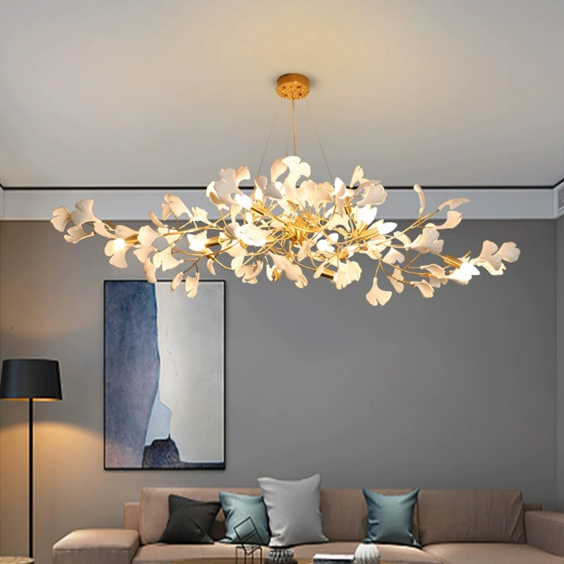 Modern Style Custom Chandelier Ceramic Ginkgo Leaf Art Creative Pendant Light for Hotel Lobby Living Room Bedroom Dining Room