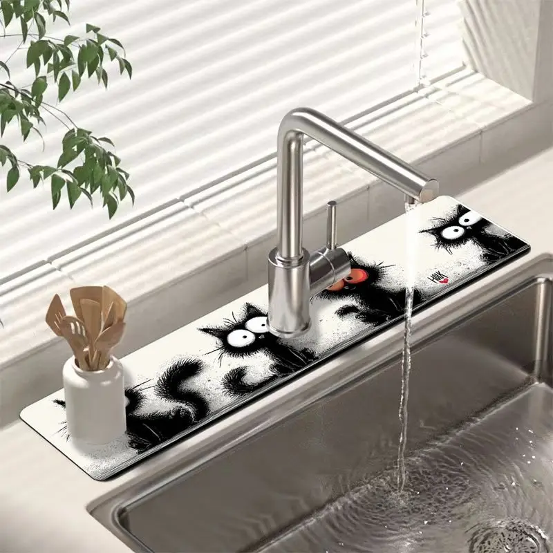 VIKAMA Art Black Cat Print Faucet Drying Mat Waterproof Quick Dry Cutout Tap Base Kitchen Bathroom Counter Pad Home Decor