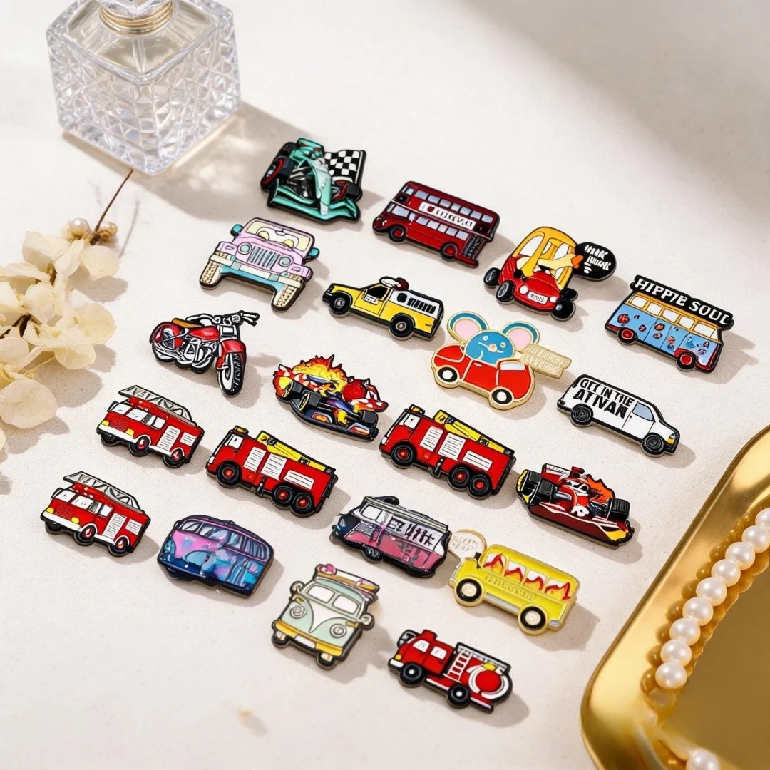 Cute Vehicle Enamel Pins Set Retro Bus Fire Truck Race Car Motorcycle Lapel Badges Metal Pin BackpackJacketBagDecorHolidayGift