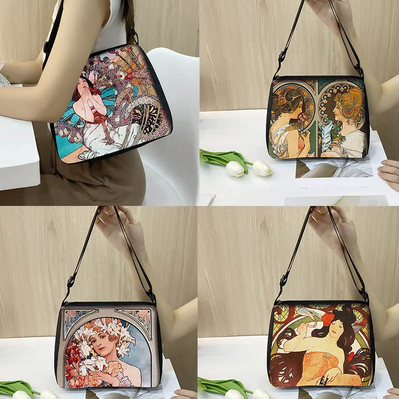 Oil Painting By Alphonse Mucha Print Handbag Beauty Ladies Causal Shoulder Bags for Travel Tote Bag Portable Shopping Bags Gift