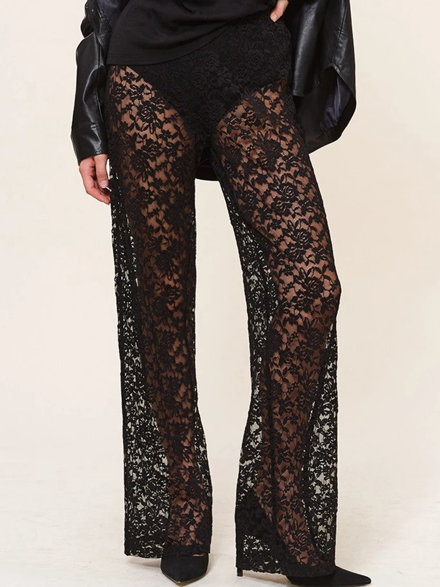 

Summer New Women'S Black Lace Cardigan Pants Casual Gothic Sheer High Waisted Flared Pants Streetwear Elastic Boots and Pants