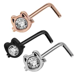 1pc Cute Cat Crystal CZs Nose Piercing Nose Studs Stainless Steel L-shaped Nostril Piercing Jewelry for Women Ear Studs Piercing