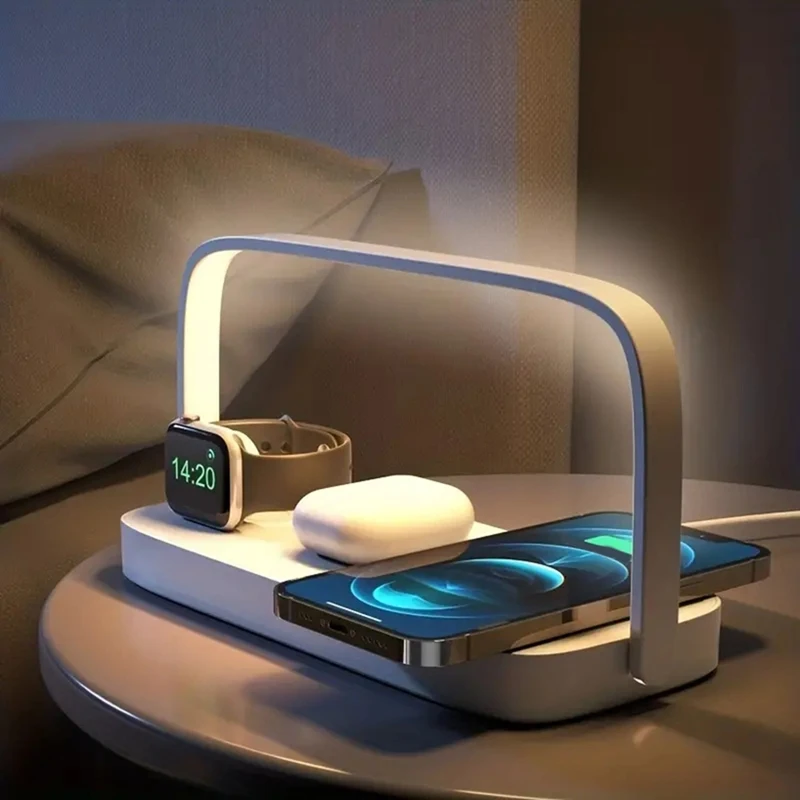 4-in-1 Wireless Charger Stand with LED Night Lamp - Multi-Function Charging Dock for 15/14/13 and Watch  -Miuai】