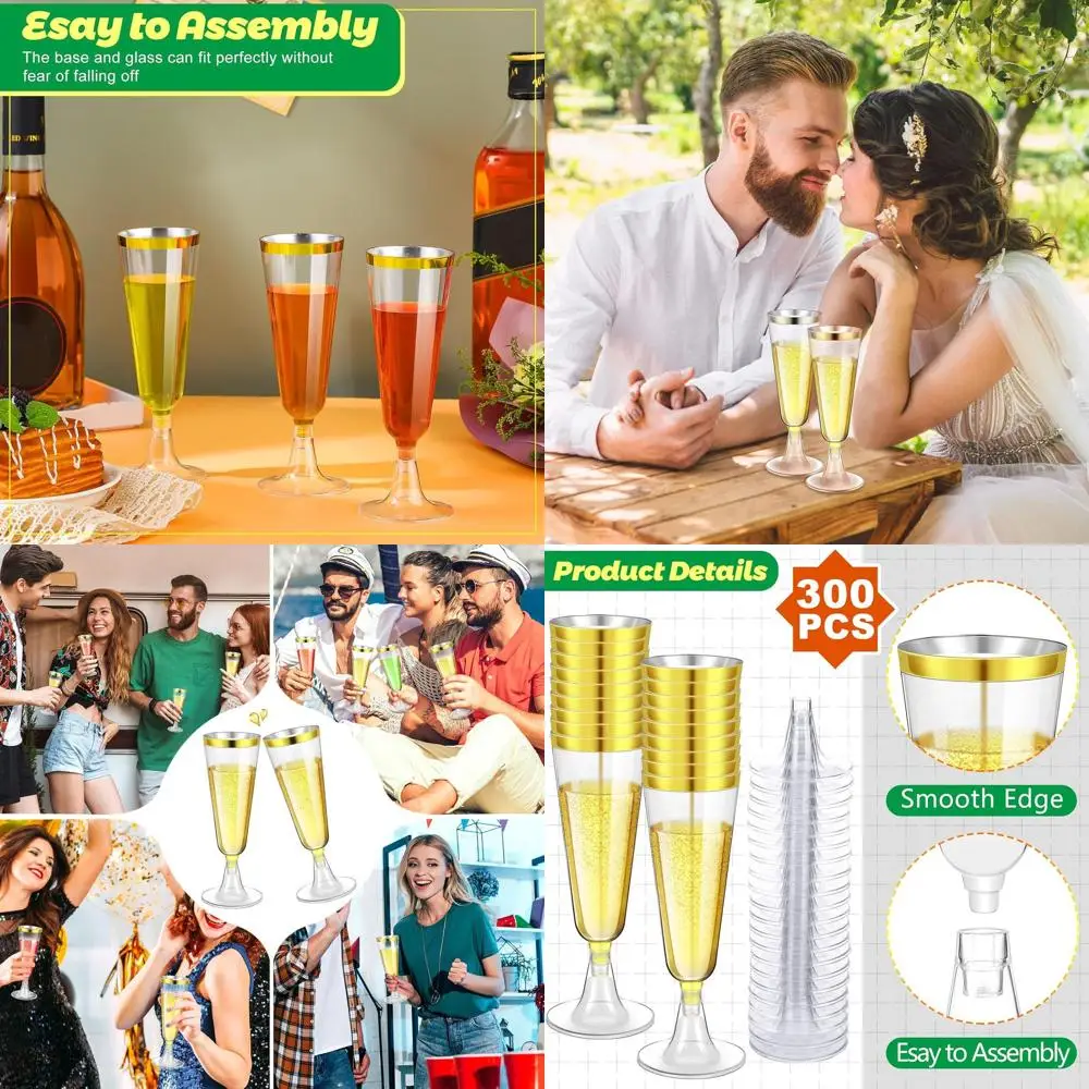 

Одноразовые прозрачные бокалы для шампанского 4,5 унции с золотой окантовкой, идеально подходят для свадеб, дней рождения и торжеств