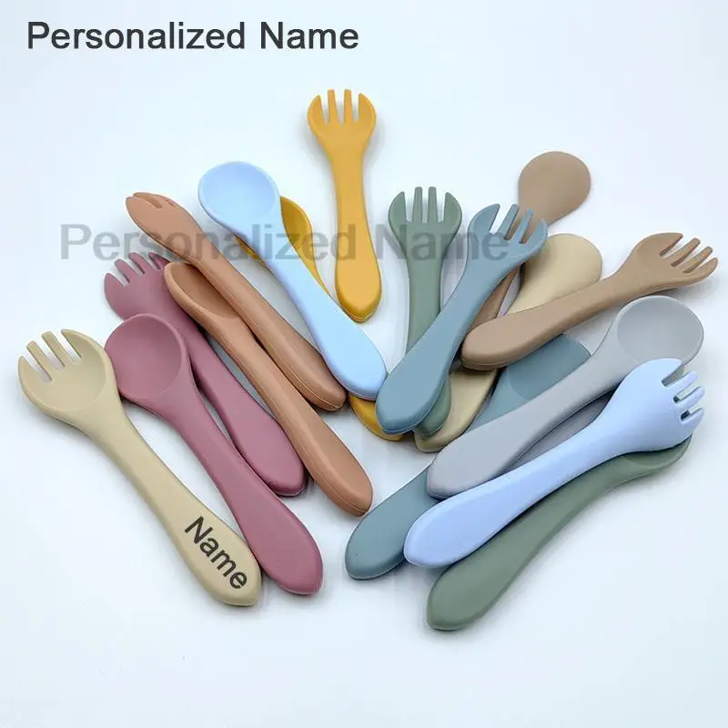 Personalized Name Baby Dinner Tableware Silicone Spoon For Kids Children Learn to Eat Training Fork Spoon Silicone Soft Spoon